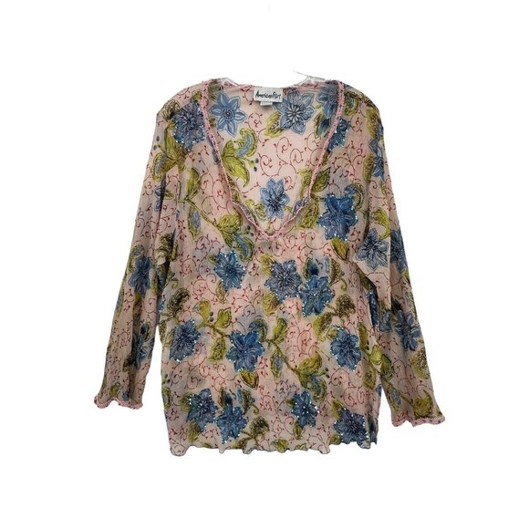 American Flirt Size 2x Top Beach Cover Up Sequins Floral Sheer Pink Blue Women's - Picture 5 of 8